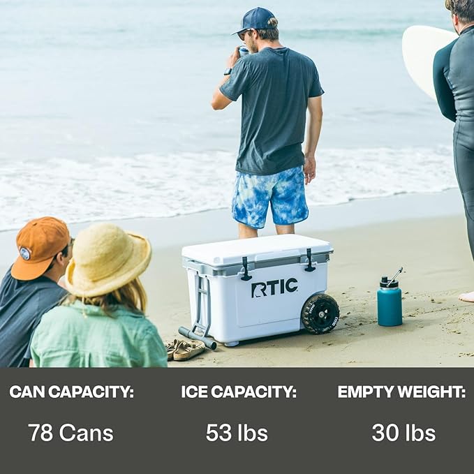 RTIC 52 Quart Ultra-Light Wheeled Hard Cooler Insulated Portable Ice Chest Box for Beach, Drink, Beverage, Camping, Picnic, Fishing, Boat, Barbecue, 30% Lighter Than Rotomolded Coolers