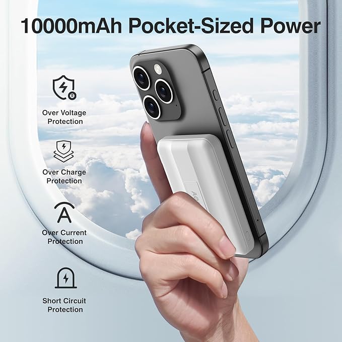 AOGUERBE for MagSafe Portable Charger, 10000mAh Magnetic Power Bank 22.5W Fast Charging, Mini Battery Pack Wireless with LED Display&Foldable Stand for iPhone 17/16/15/14/13/12 Series (Polar White)