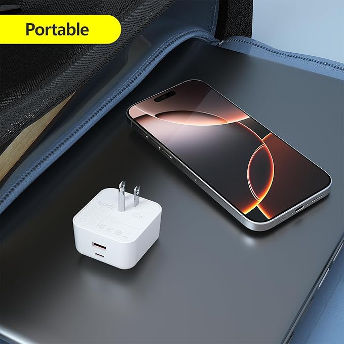 BUDI Flat USB C Wall Charger, 65W 2-Port Slim USB Wall Charger, Fast Charging Block with 45W Type-C Power Delivery and 20W Type-A for Computer/iPhone 17/16/15/14/13/12/11/Pro Max/XS/XR/8/7,Tablets