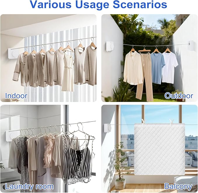 15.7Ft Retractable Clothesline Indoor Outdoor is Also an Anti-sag Clothes line for Indoors, Stainless Steel Wire Retractable Laundry Line for Drying Clothes, with 10 Windproof Clips (White)