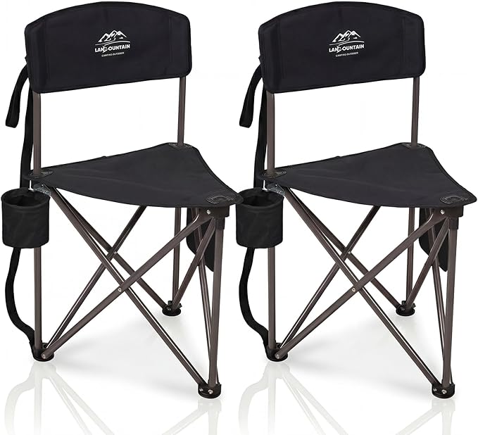2 Pack Folding Camping Tripod Stool with Backrest & Cup Holder, Lightweight Portable Outdoor Chairs for Adults, Compact 3-Leg Seat for Fishing, Hunting, Hiking & Travel w/Bag - Black
