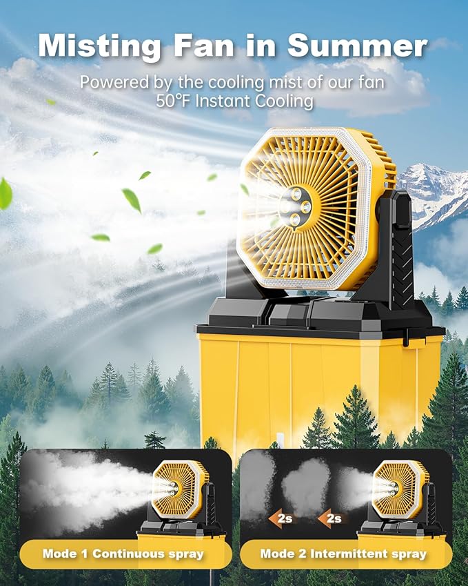 Orteen Portable Misting Fan, 24000mAh Rechargeable Outdoor Cooler, Battery Operated Personal Fan with3 Speeds & 8L Bucket for Patio, Camping,Hiking, Backyard, Travel, Desk,Pool, Beach, Yellow