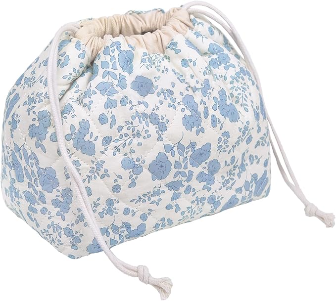 Gosect Large Makeup Bag, Cute Drawstring Cosmetic Bag with Canvas Lining, Floral Coquette Aesthetic Toiletry Bag, Travel Make Up Organizer Bag for Women and Girl (Blue Flower)