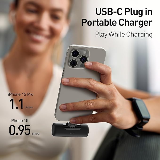 iWALK Portable Charger for iPhone 15/16/17, Power Bank with Build-in USB C Connector, 4,500mAh Battery Pack Phone Charger for iPhone Series, Samsung S22/23/S24 Series and Android, Black