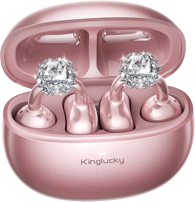 Kinglucky Clip-On Open Ear Earbuds with Detachable Diamond Earrings, Bluetooth 5.4 Open Ear Wireless Headphones for Women, 40H Playtime, Comfortable Small-Ear Fit, Rose Gold