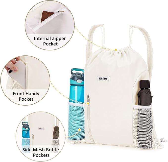 WANDF Drawstring Backpack with Shoulder Pad Sports Gym Backpack with Mesh Pocket String Bag for Women Men (Beige)