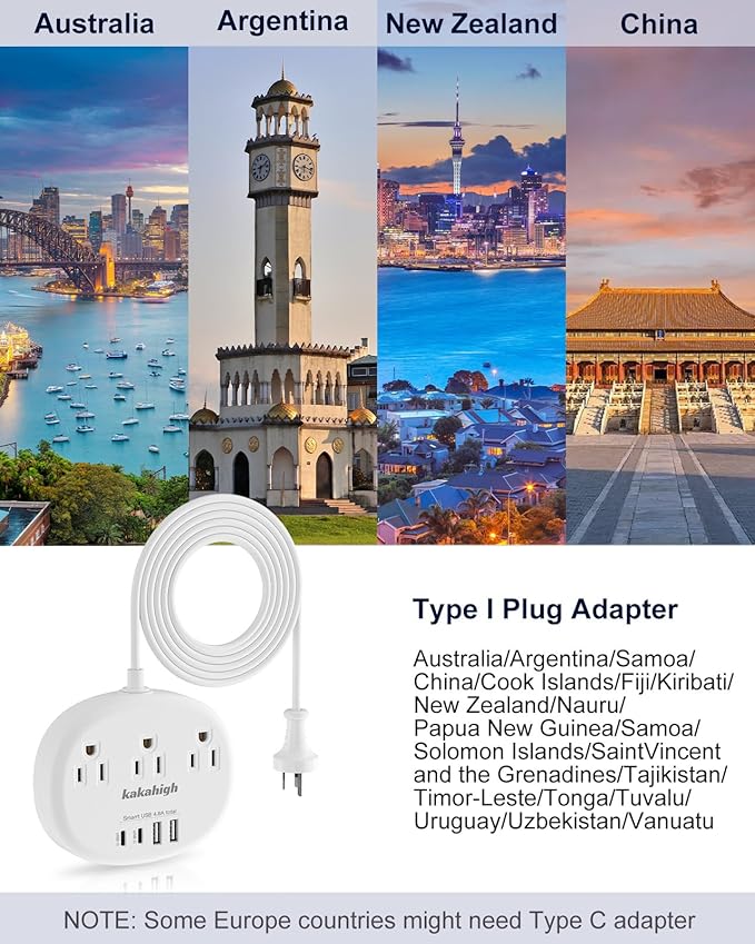 Australia Power Plug Adapter, New Zealand Power Adapter with 3 American Outlets 4 USB Ports (2 USB-C) Total 24W, Type I Plug Adapter for USA to Australia, Argentina, China, 4FT