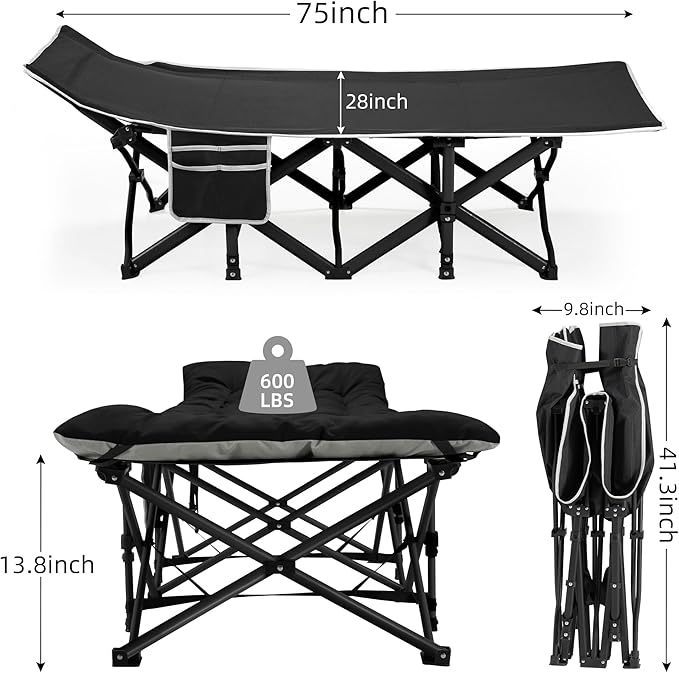 Fragess Portable Camping Cot, Sleeping Cots for Adults, 28" Extra Wide Heavy Duty Folding Cot Max Load 600LBS with Thick Mattress, Portable Camping Bed for Outdoor Camp/Office, Home Nap (Black)