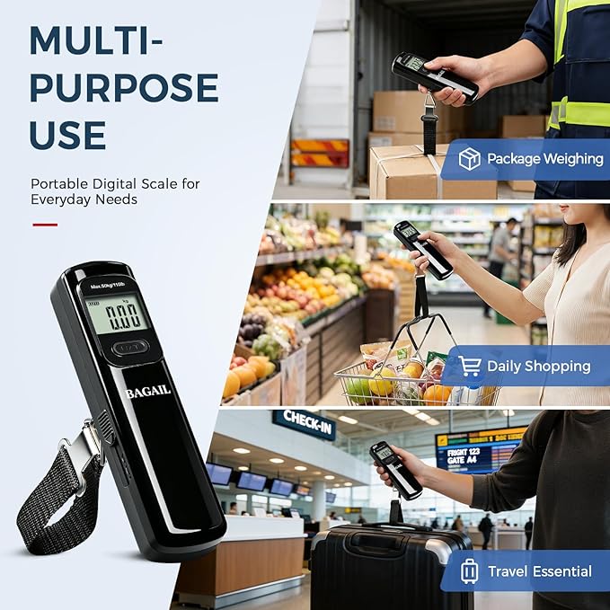 BAGAIL Digital Luggage Scale, 110lbs Hanging Baggage Scale with Backlit LCD Display, Portable Suitcase Weighing Scale, Travel Luggage Weight Scale with Hook, Strong Straps for Travelers