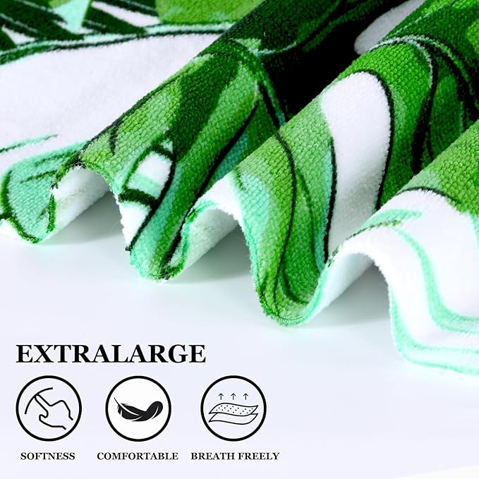 Genovega Oversized Terry Beach Towel 36 x 72 in Soft Extra Large Big Pool Swim Towels for Adult XL Clearance Big Travel Blanket Cruise Vacation Accessories Essentials Lounge Chair Cover Green Leaves
