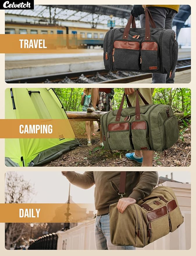 Canvas Duffle Bag for Travel 50L Expandable Travel Duffel Bags for Men Women Overnight Weekend Gym Bag with Shoes Compartment - Navy blue