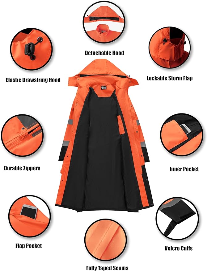 Ubon Men's Hi Vis Long Raincoat Waterproof Reflective Safety Rain Jacket High Visibility with Detachable Hood