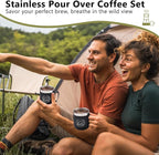 Stainless Steel Pour Over Coffee Maker Set, Outdoor Coffee Dripper, Reusable Coffee Filter&Insulated Camping Mug (16oz), for Hiking, Camping&Outdoor Adventures, Rinse-clean&Portable -Black