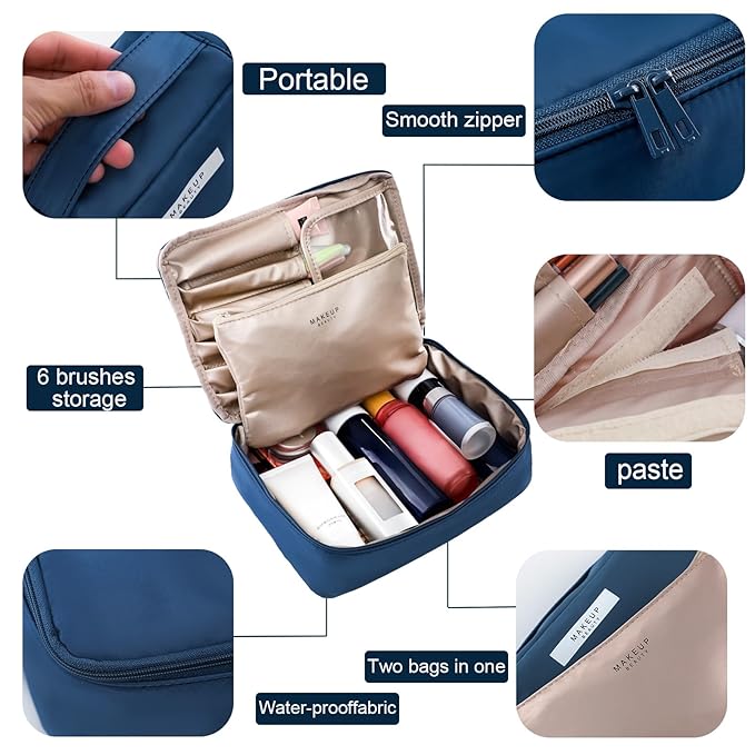 Queboom Travel Makeup Bag Cosmetic Bag Makeup Bag Toiletry bag for women and men (Navy blue)