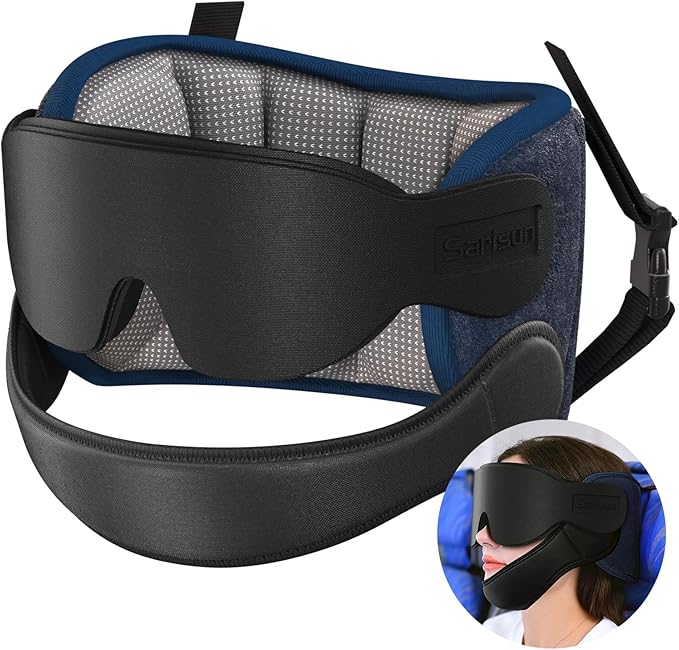 SARISUN Travel Pillows for Airplanes with Sleep Eye Mask, Chin Strap, Airplane Pillow for Long Flights, Car Road Trip, 360° Support Headrest, Stop Bobblehead Travel Essential, Mottled Grey