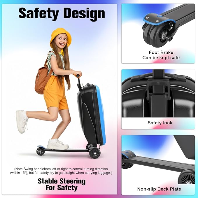 smilesun Scooter Luggage For Kids & Adults， Hardside Ride On Suitcase For Kids Ages 4-15 Multifunctional Lightweight Foldable Carry On Luggage With Wheels Ride On For Children Teenagers（Light Blue）