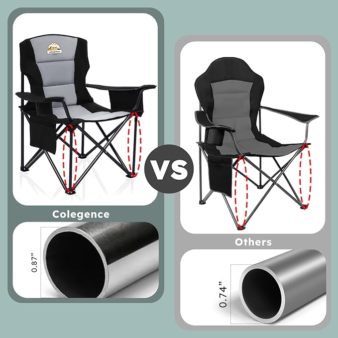 Colegence Oversized Folding Camping Chairs - 450 LBS Support Heavy Duty Camp Chair with Padded Cushion, Portable Outside Chairs with Carry Bag，Cooler, Cup Holder for Outdoor, Lawn, Sports - Black