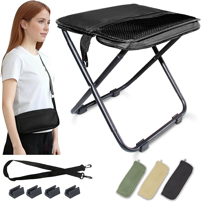 COMELY Camping Stool Portable Chair: All-Terrain Folding Carrying Pocket Stool, 4 Anti-Sink Feet, 270Lbs Capacity & 3s Setup. 5000 Cycle Tested for Rugged Sites, Camping, Fishing, Travel, Black.