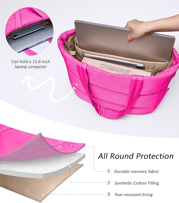 Puffer Tote Bag for Women, Lightweight Puffy Tote with Compartments, Shoulder Bag Crossbody Bags for Women Travel, Work, Gym