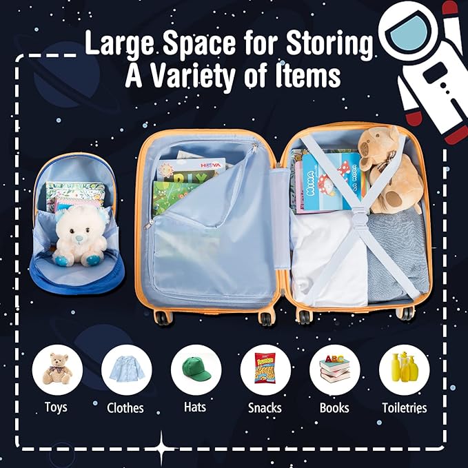 BABY JOY 2 PC Kids Carry On Luggage Set, 18" Toddler Trolley Case & 12" Backpack with Hard Shell & Rolling Wheel Design, Kids Suitcase for Boys Girls (Astronaut)