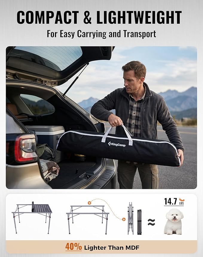 KingCamp Folding Camping Table Foldable Loads 265 Lbs, 42.1"× 27.6" Portable Table 3 Adjustable Height Aluminum Roll Up Camp Table with Carry Bag for Camping Picnic BBQ Backyard, Indoor & Outdoor
