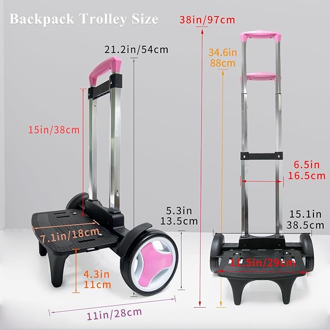 Rolling Backpack Trolley Cart with Stair-Climbing Quiet Wheels,Foldable Aluminum Frame,Adjustable Handle,Large 77 lbs Capacity–Fits Travel Bags,Book Bags,Shopping–Pink,No Edge Guard