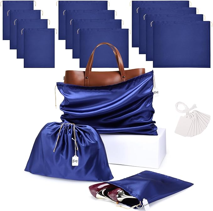 Ewen 12 Pack Dustbags with Drawstring in Small Medium Large, Dustproof Satin Storage Pouch with Blank Tags for Travel Essentials Packing, Dark Blue Silk Bag for Closet Storage Shoes Purse Organization