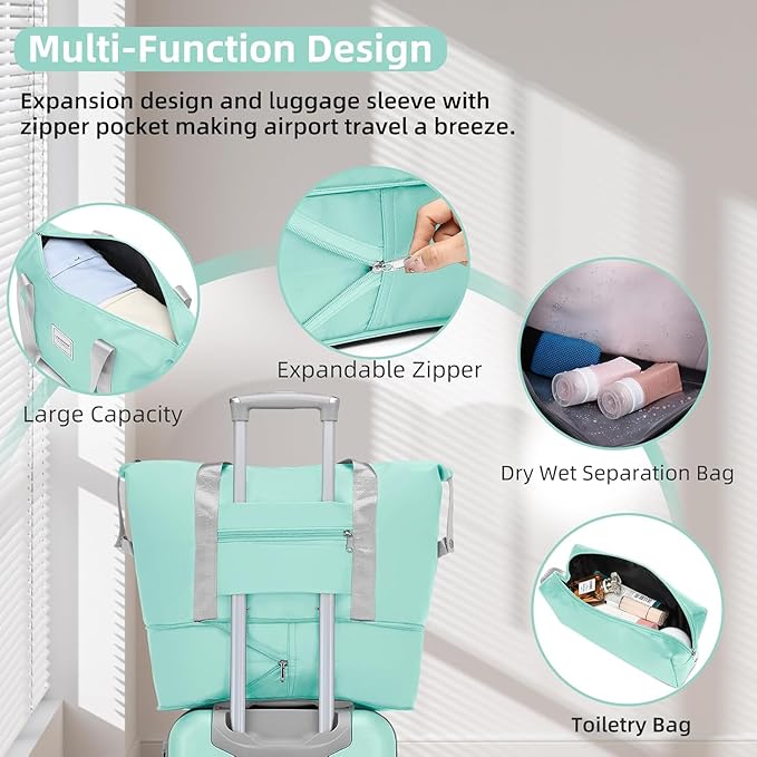 6 Piece Luggage Sets with Bags, Lightweight Expandable Checked Luggage Sets, Hardshell ABS Spinner Wheels Carry on Suitcase with TSA Lock, for Travel, Women Men (Mint Green, 18/20/24/28inch+2bags)