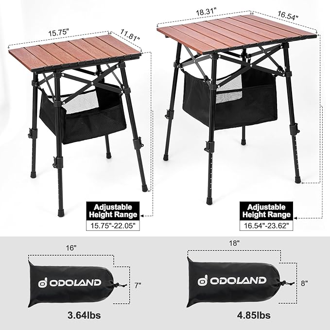 Odoland Portable Camping Table, 18.3"L x 16.5"W Folding Table with Adjustable Height 16.5" - 23.6", Large Beach Table with Storage Bag for Outdoor Camp, Cooking, Picnic, Travelling, Backyards, Fishing