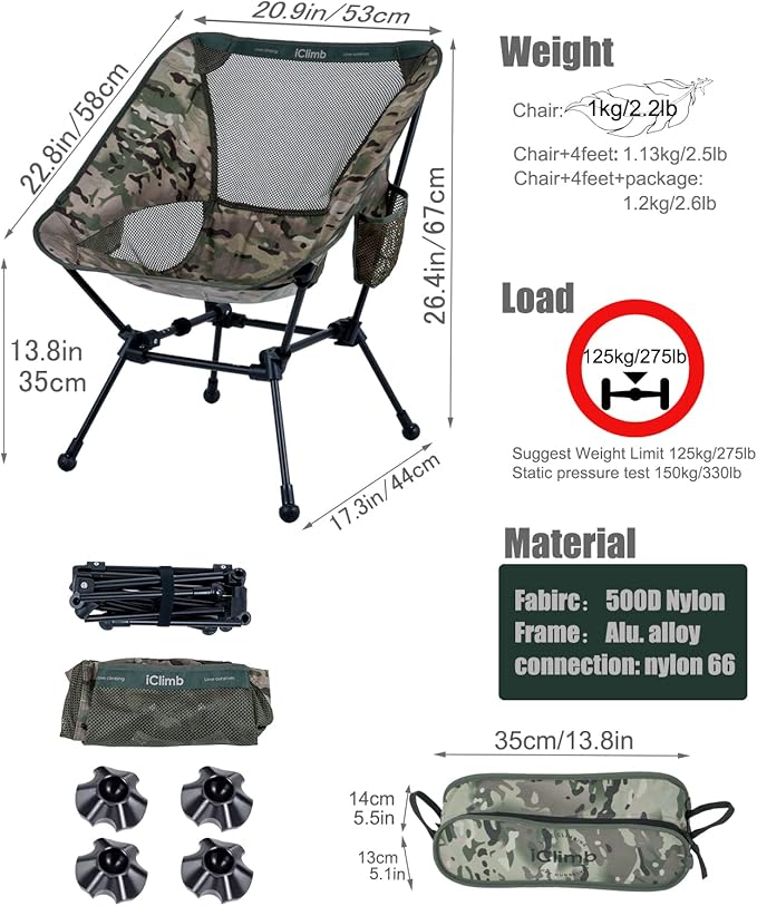 iClimb Ultralight Compact Camping Folding Beach Chair with Anti-Sinking Large Feet and Back Support Webbing (Woodland - Square Frame - 2PC)