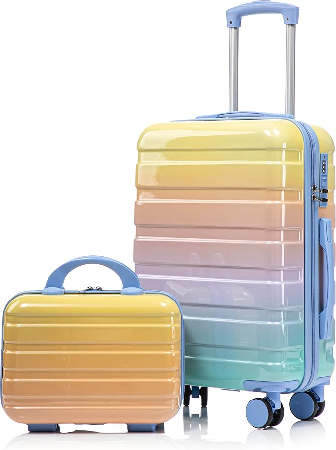 Kids Luggage Sets for Girls, 2 Piece Luggage Set, 20 Inch Rotating Wheel Suitcase with 14 Inch Cosmetic Case, Lightweight Hardshell Suitcase with 360° Spinner Wheels for Travel (Blue+Yellow)