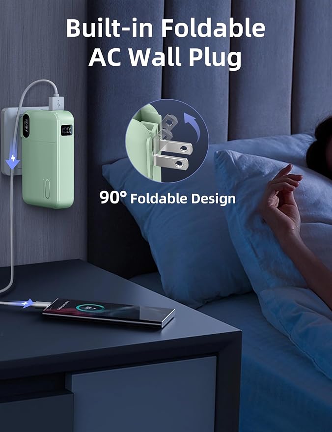 RORRY Portable Charger Built in Cables, AC Wall Plug In Portable Charger Power Bank 10000mAh Travel Battery Pack 22.5W Fast Charging for iPhone 17/16/15 Samsung Galaxy S25/S24/S23 Pixel LG iPad, Green