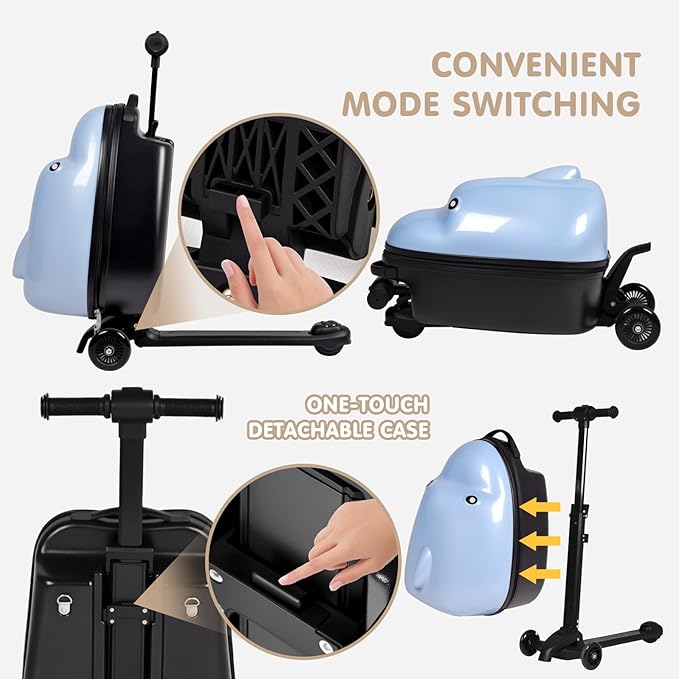 smilesun 4-in-1 Detachable Scooter Suitcase for Kids & Teens – 3D Owl/Dolphin Hardside Ride-On Luggage, Lightweight Foldable Design, Unique Travel Gift for Children (Cute Dolphin, 22-inch)