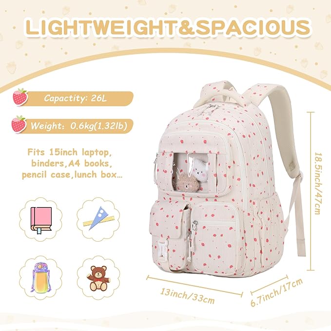 PIG PIG GIRL Corduroy Backpack Kids Backpack for Girls School Bags for Middle School Students Book Bag for Elementary Primary Kawaii Ita Backpack, Beige Strawberry