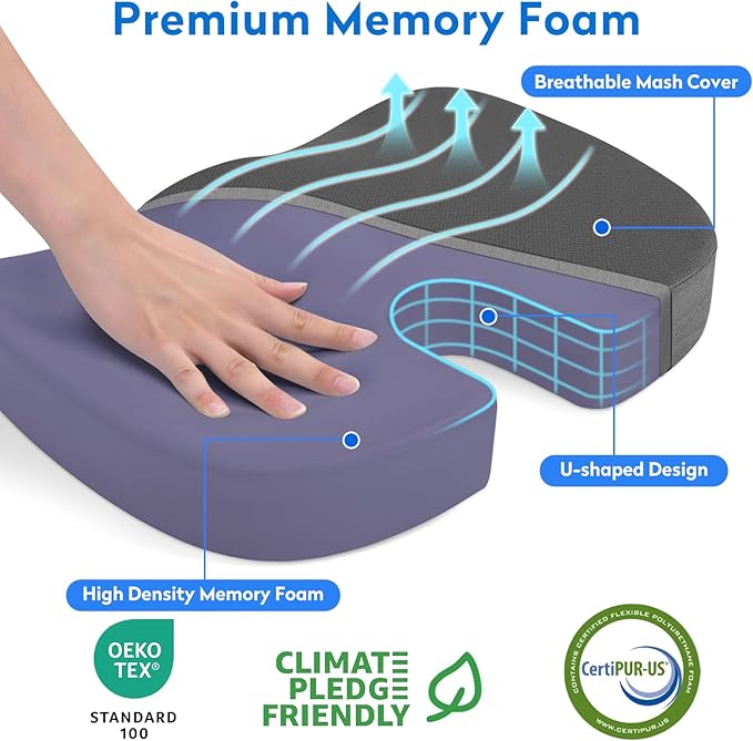 CushZone Seat Cushion, Office Chair Cushions, Car Seat Cushion, Non-Slip Sciatica & Back Coccyx Tailbone Pain Relief Chair Pad, Memory Foam Butt Pillow for Computer Desk, Wheelchair, Driving (Grey)