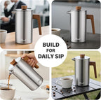 French Press Coffee Maker, 34oz Stainless Steel Coffee Press Real Wood Handle, Double Wall Insulated French Coffee Press with Dual-Filter Screen, Perfect for Camping & Kitchen Use