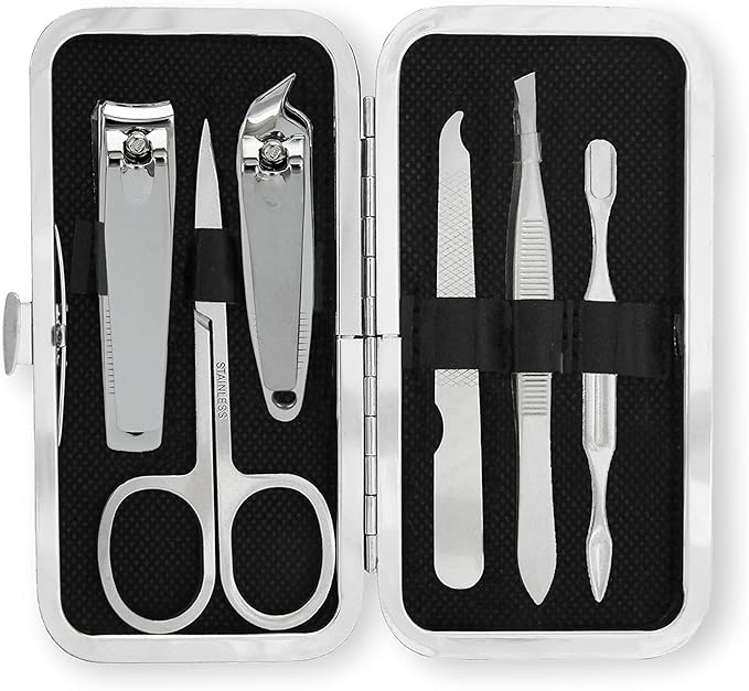 Amazon Basics 6-Piece Essential Travel Manicure Kit, Grooming Set with Nail Clippers, Portable Nail Care Tools in Travel Case