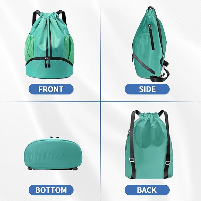 JELUTAR Drawstring Backpack Gym Bag with Shoes Compartment for Soccer, Basketball, Swim, Water-Resistant String Backpack Beach Cinch for Women Men, Mint Green