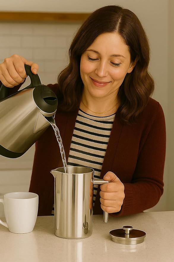 VIA CREMA French Press Coffee Maker, Stainless Steel with Glass Carafe, 1000ml/34oz or 800ml/27oz Capacity