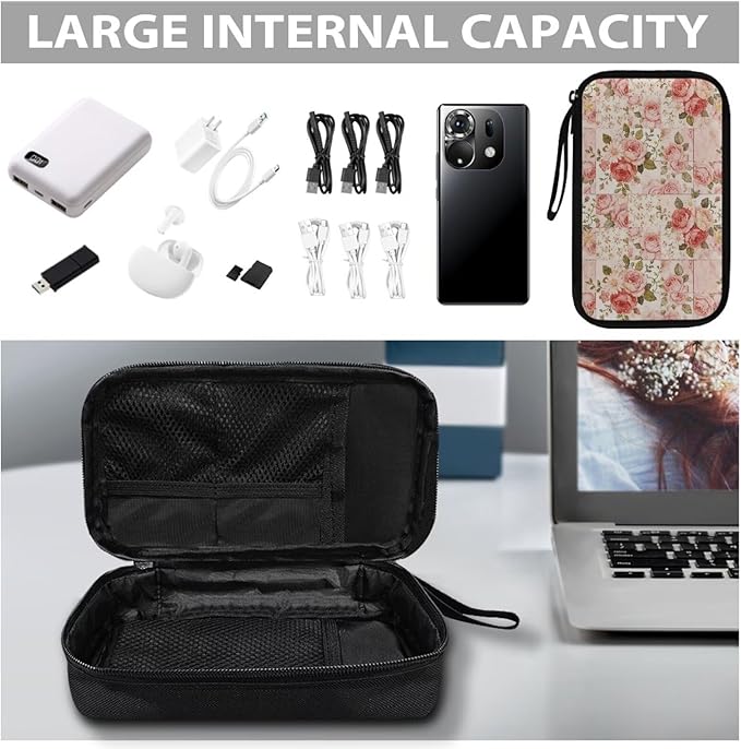 Pink Roses Electronic Organizer Travel Cable Organizer Bag Portable Pouch Electronic Accessories Carry Case for Cable Cord Charger Phone Earphone Tech Pouch