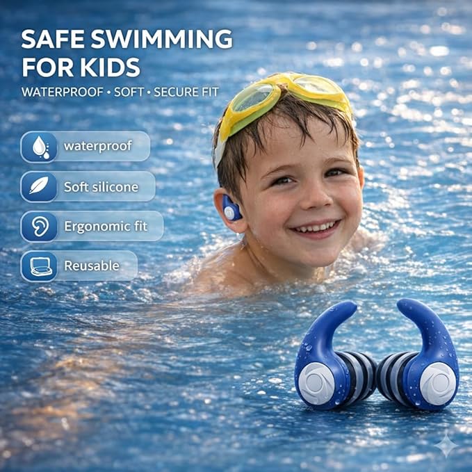 Swimming Ear Plugs for Kids with Lanyard, 3 Pairs Waterproof Reusable Soft Silicone Swim Earplugs for Pool, Surfing, Diving, Showering