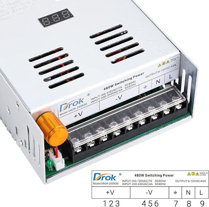 DROK 12V Power Supply, AC 110V 220V to DC 0-12V 40A 480W Buck Converter, Adjustable Variable LED Adapter Regulated 5V 6V 9V 12Volt Voltage Transformer 10A 20A 30A 40Amp Charger for Lab CCTV