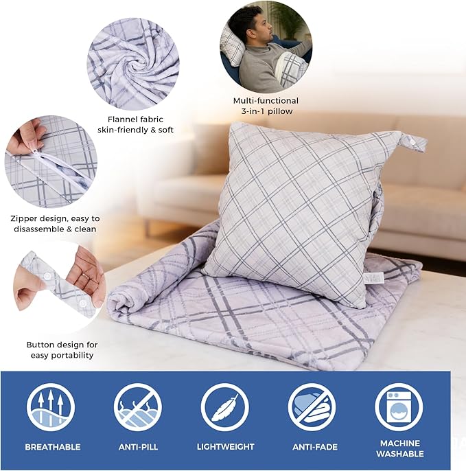 3 in 1 Travel Pillow Blanket Set with Removable Flannel Blanket Throw,Hand Warmer Pockets,Pillow (Color5, 50in*60in)