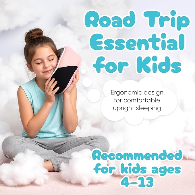 Proglobe Junior Kids Travel Neck Pillow - Ergonomic Memory Foam Pillow for Airplane, Car, Booster Seat - Soft, Washable, Compact Travel Pillow with Strap - Light Pink - Ages 4-13