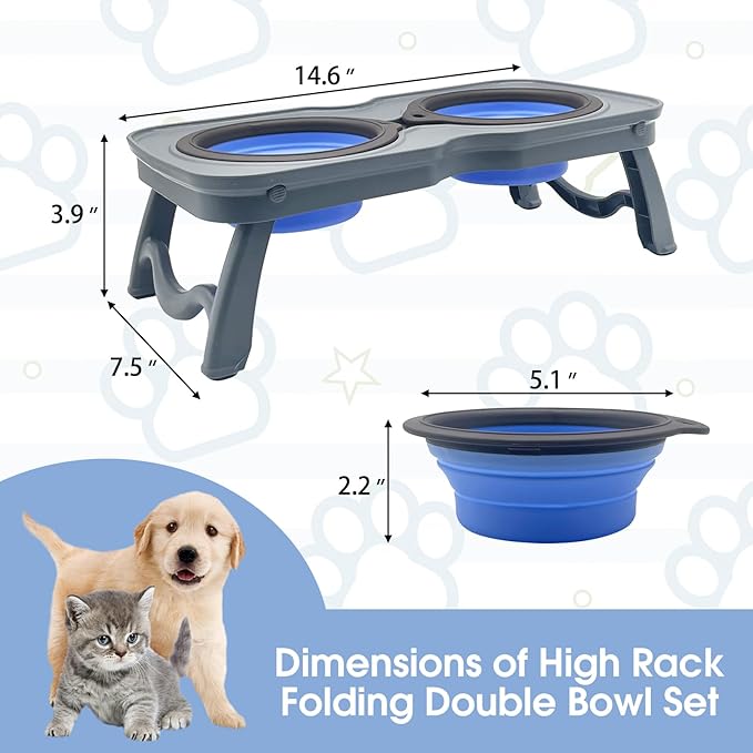 PINVNBY Elevated Portable Dog Bowl, Travel Raised Stand with Collapsible Silicone Double Diner Bowls Non-Slip Food and Water Bowls Holder for Small Dogs and Cats - 14.6" L x 7.5" W x 3.9" H