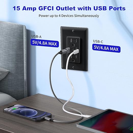 15 Amp Self-Test GFCI Outlet Combination with USB Type A and Type-C, Tamper Resistant Thinner Duplex Outlet, in-Wall, USB Charger for Smartphones, Tablets and Smart Home Appliance, Black