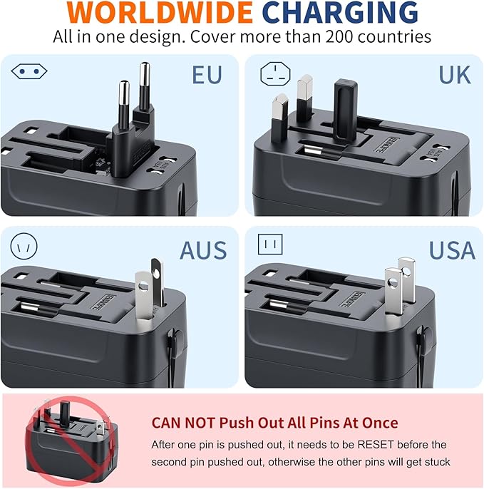 Travel Adapter Fast Charge, GaN Worldwide All in One Universal Travel Adapter with PD3.0 Type C & USB-A Quick Charging Portable Wall Charger AC Power Plug Adapter for USA EU UK AUS, White