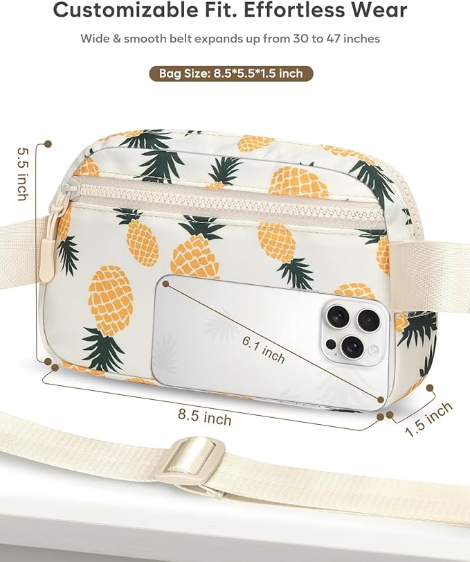 Pritent Fanny Packs for Women Cross Body Bag Waterproof Belt Bag with Adjustable Strap and Zipper Back Pocket Small Crossbody Bags Fashion Waist Packs for Workout Travelling(Pineapple)