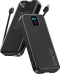 Portable Charger, 12000mAh 22.5W Fast Charging Power Bank with Built-in Cables & Wall Plug, Travel Essentials Battery Pack with LED Display, USB C External Battery Bank for iPhone iPad, Samsung Black