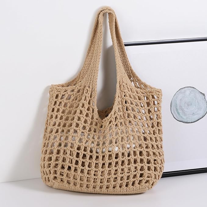 WantGor Crochet Bags, Beach Mesh Tote Bag Womens Shoulder Shopping Handbag Casual Travel Totes Bag Foldable Hobo Bags